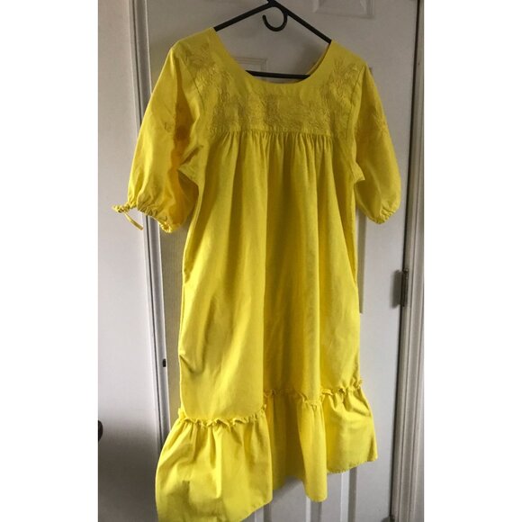 Vtg Handmade Bright Yellow Dress Made In Tlaquepaque Mexico Short Sleeve Heavy M - Picture 4 of 10